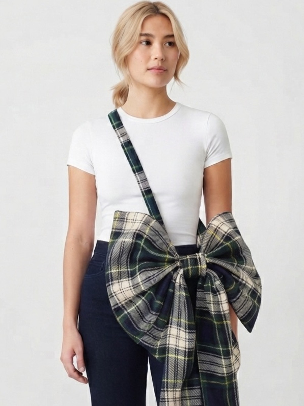 NEW Handmade Green Plaid Wool Bow Crossbody Bag